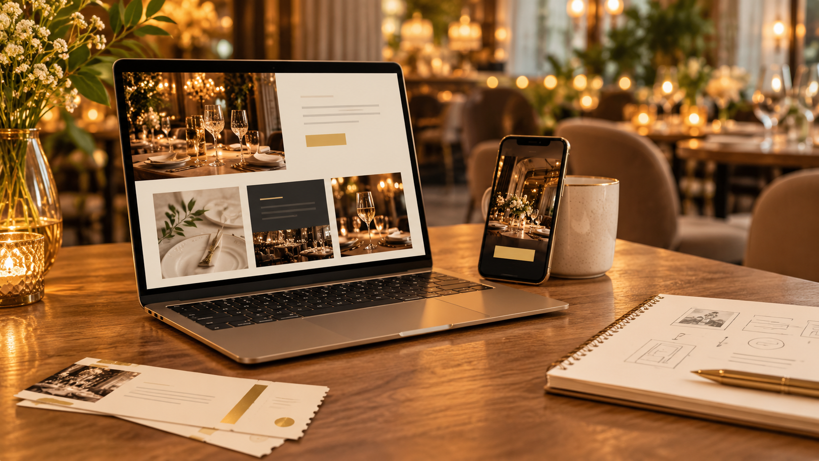 Illustratie van horecamarketing: laptop, telefoon en tickets op een tafel in een warm restaurant